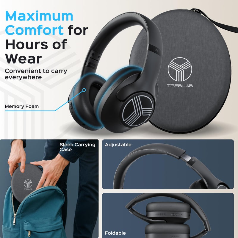 TREBLAB Z2 Hybrid Active Noise Cancelling Workout Headphones - Signature-HD Sound, Deep Bass, 58H Battery, Comfortable, Foldable Over Ear Bluetooth Headphones Wireless w/Mic for Calls for Gym, Sport - Image 4